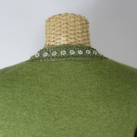 J Crew Women S Olive Green Angora Merino Wool Cashmere Beaded Pearls LS Cardigan - Picture 6 of 9